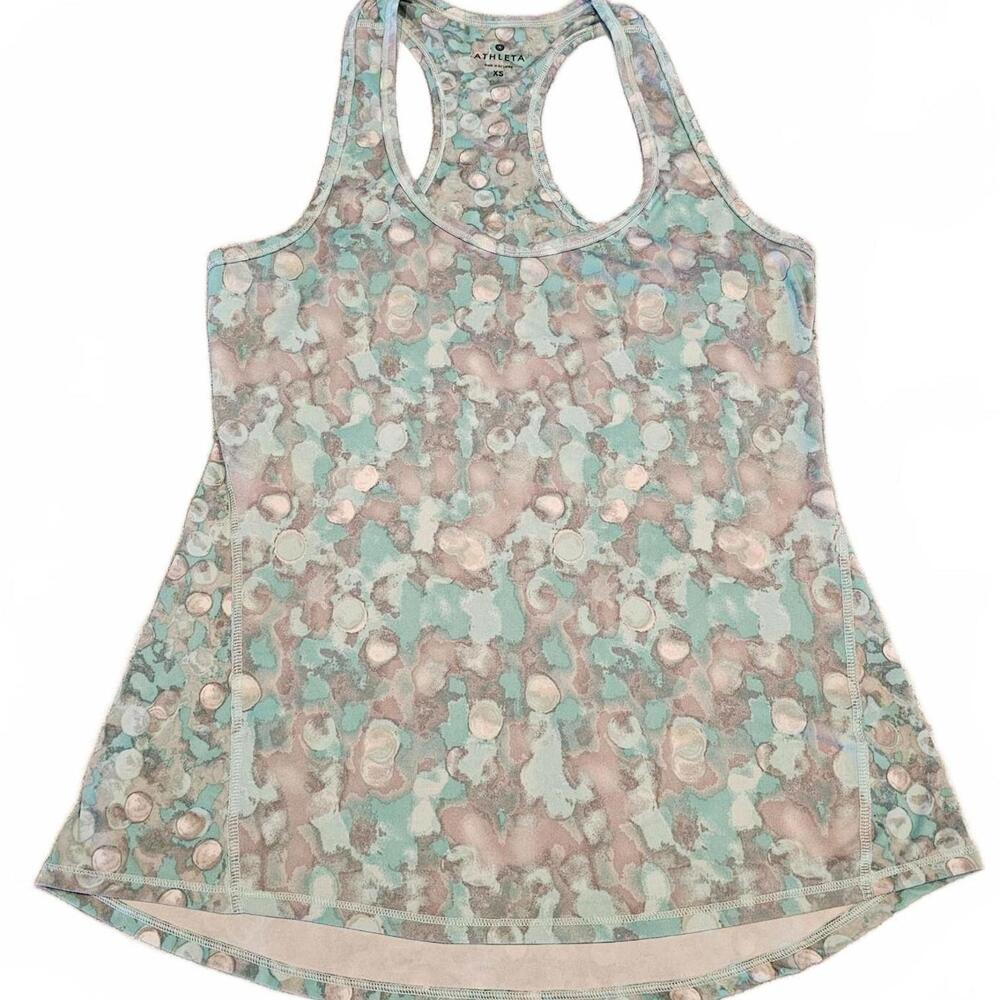 Athleta XS Racerback Tank Top Blue & Pink Abstract Print Polyester Blend Stretch